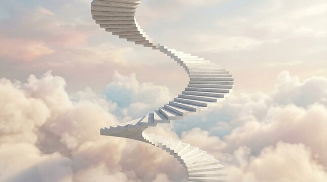 A majestic spiral staircase gracefully ascends through an endless, dreamlike sky of soft, billowing clouds, symbolizing hope, aspiration, and a spiritual journey