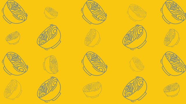 Food doodle seamless pattern with gray noodle bowls, perfect for food packaging, restaurant menus, and kitchen decor products design.