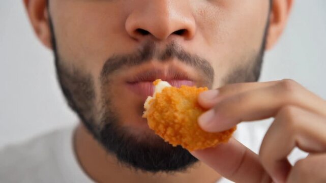 Man enjoying a crispy fried chicken nugget close-up in high definition