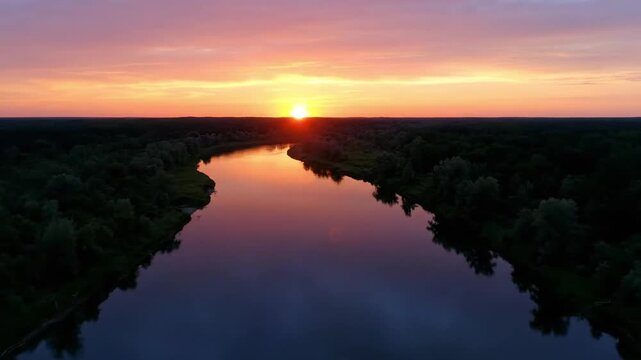 Sunset Over River and Forest &ndash; Tranquil Nature Scene