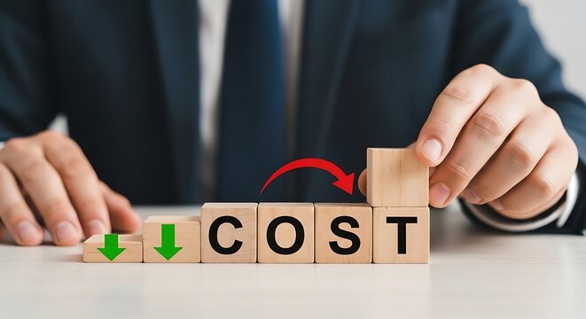 Businessman reducing costs by removing wooden block from cost display