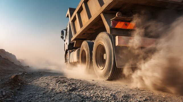 Dusty construction site with a heavy duty truck transporting materials on a gravel road under a clear blue sky