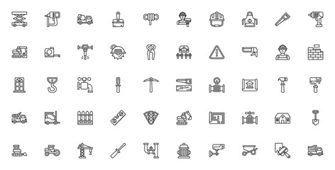 Construction icon set. Vector toolkit with scissor lift, nail gun, helmet, drill, crane, excavator, tools and equipment. Editable stroke illustrations.