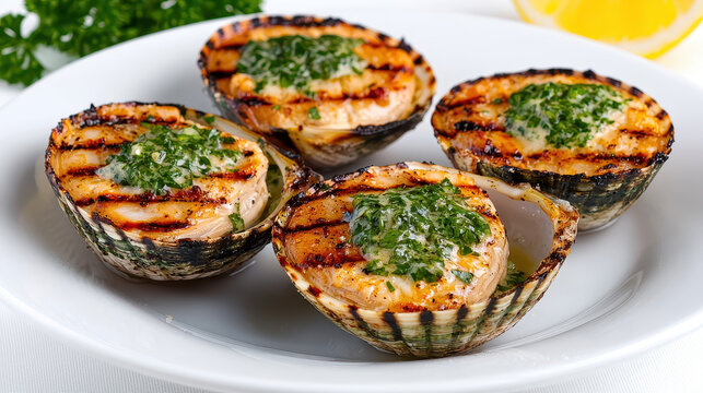 Grilled clams served with garlic and herbs, showcasing delicious seafood dish perfect for gourmet dining