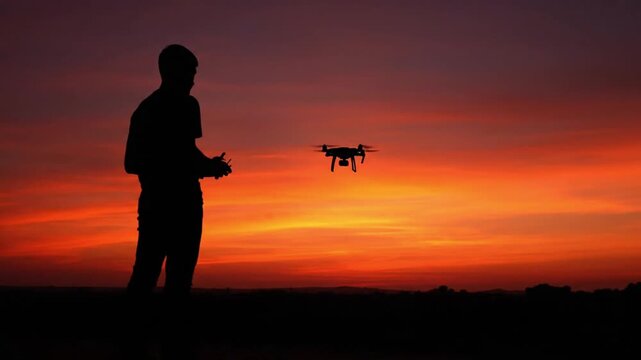 Drone Operator Silhouette at Sunset &ndash; Technology Meets Nature