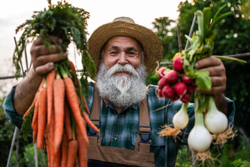 Senior farmer holding freshly harvested vegetables in farm