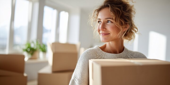 Young woman holding cardboard box. Moving into new apartment. Home relocation lifestyle scene. Fresh start and new beginning. Modern interior moving day. Wide banner copy space.