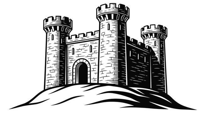 Medieval castle illustration on hill with three towers