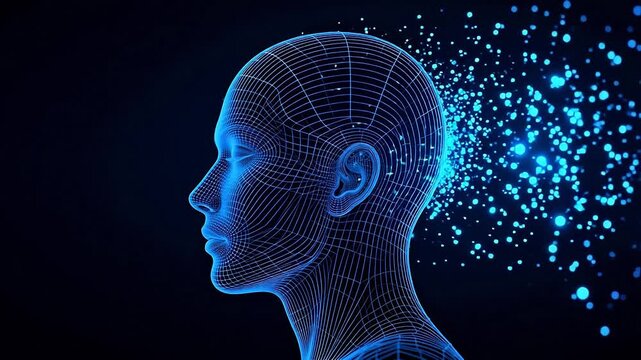 Blue wireframe human head with glowing particles