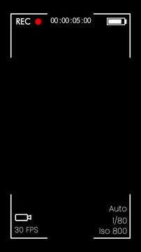 Vertical mobile version camera viewfinder overlay, animated camera screen interface with HUD details, battery bar and timer on black background, 4K mobile camera viewfinder for social media and reels