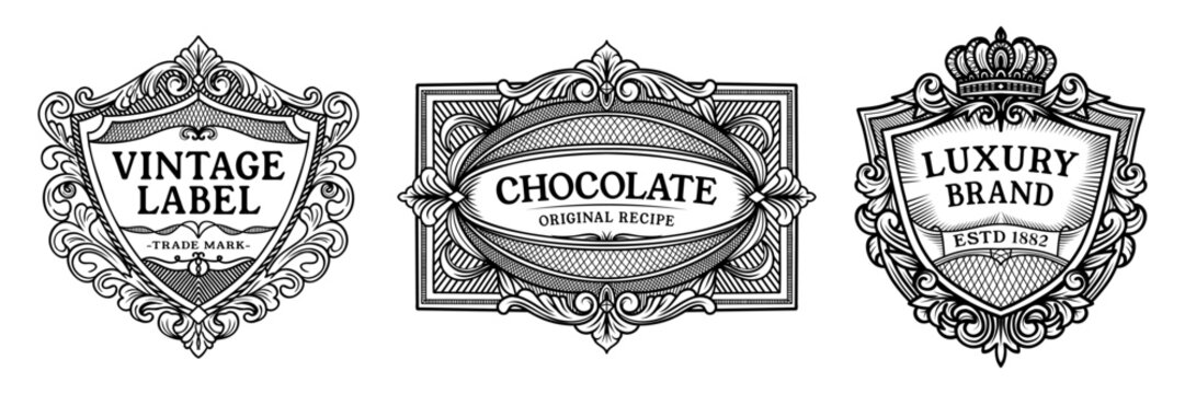 Vintage ornate label collection with decorative frames luxury brand badge and chocolate emblem isolated on white background retro engraving style. Vector illustration