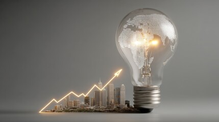 Conceptual light bulb with global map design and city skyline, representing growth and innovation in business and economy
