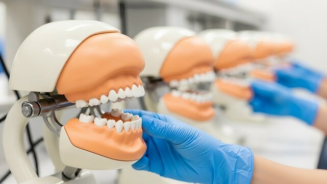 Hand in blue medical glove holding open dental jaw model