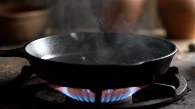 Cast Iron Skillet Heating on Gas Stove &ndash; Rustic Cooking Scene