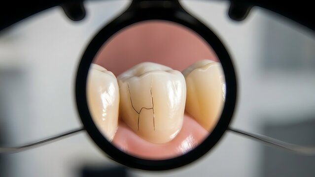 Viewing cracked damaged artificial tooth model through magnifying glass