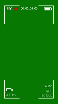 Vertical mobile version camera viewfinder overlay, animated camera screen interface with HUD details, battery bar and timer on green background, 4K mobile camera viewfinder for social media and reels