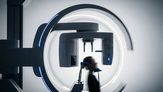 patient silhouette inside panoramic dental x ray imaging scanner machine