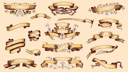 Set of scroll ribbon banners in Barocco style. Hand drawn engraving for your text in vintage traditional technique. For wedding, events, birthday and greetings.