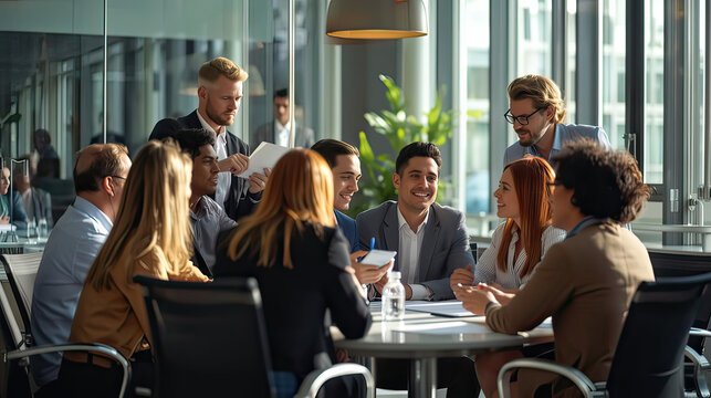 Diverse team collaborating in modern office space with smiles