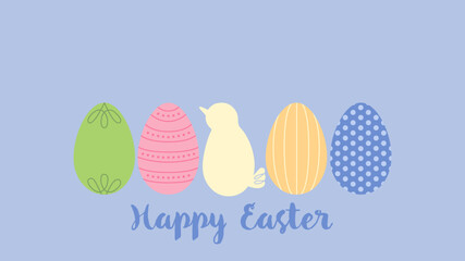 Cute blue bird wearing white bunny ears standing on green grass next to two decorated Easter eggs under a soft grey background illustration