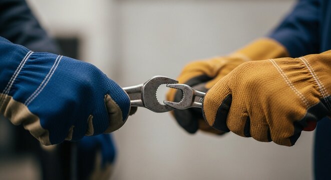 Two gloved hands holding a wrench in a workshop setting with a blurred background