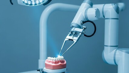 futuristic medical robotic arm operating on artificial dental jaw model