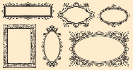 Obraz premium Decorative hand drawn frame in classical Barocco or renaissance style with swirls and leaves. Ornamental elements for borders. can be used as photo frame and for paintings. Wedding and invitation