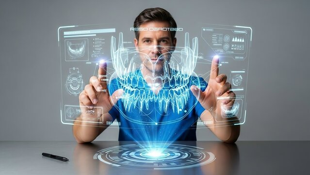male dentist interacting with futuristic glowing blue holographic dental interface