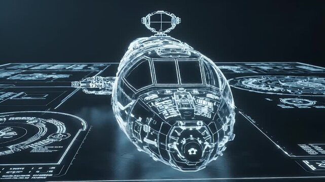 Futuristic wireframe spaceship hologram with glowing details