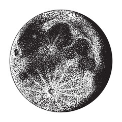 The Moon is the satellite of our planet Earth. Hand drawn illustration in dot work stippling style. Dark vision of astronomical sky object