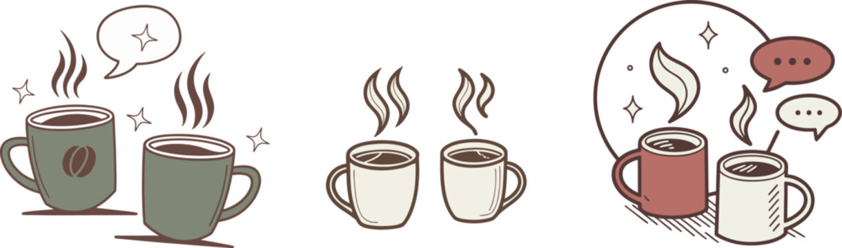 Minimalist Vector bundle of Two Steaming Coffee Mugs Symbolizing Connection and Conversation