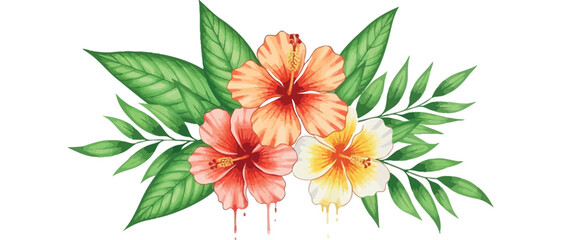 Elegant watercolor tropical floral illustration featuring vibrant hibiscus blooms and lush green foliage, perfect for summer invitations, cards, and creative design projects © Pronob Kumar Ray