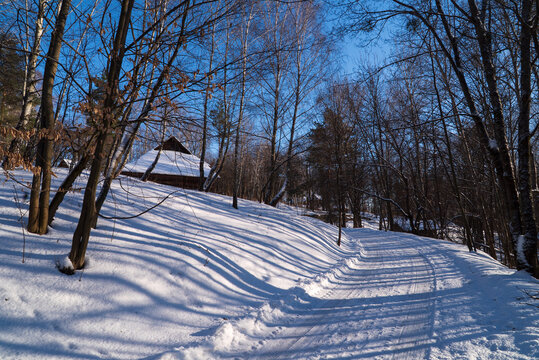 Ukrainian village. Seasonal landscape. Winter road close to buildings