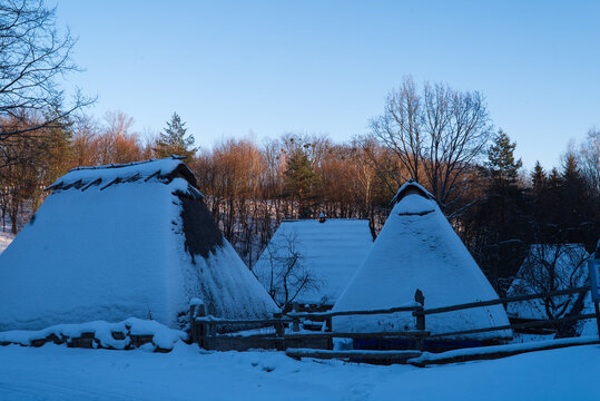 Ukrainian village. Seasonal landscape. Winter