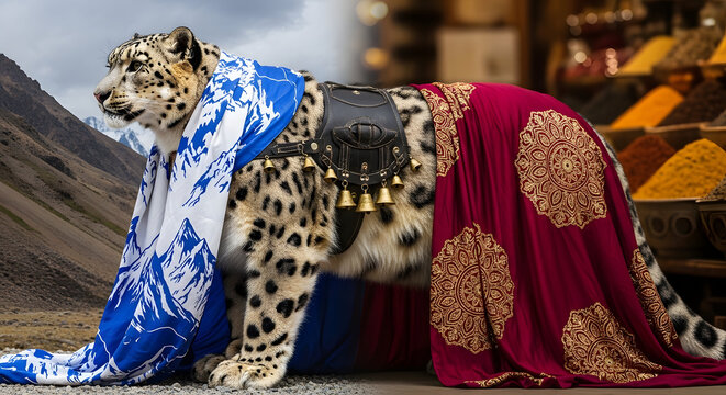 A study of movement and textile. The interaction of the heavy Persian silk with the leopard's body&mdash;showing realistic folds and light transmission through the fabric&mdash;creates a premium, high-fashion 