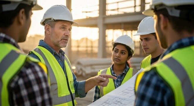 A group of construction workers in hard hats and safety vests discussing a building project