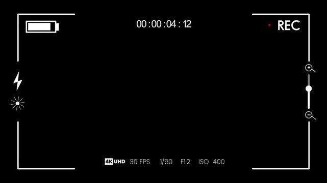 4K Camera viewfinder, Dslr camera frame viewfinder, camera streaming recorder, footage. video camera recorder screen overlay, rec text camera recording icon blink animation
