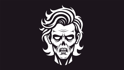 Obraz premium Scary white and black zombie head illustration with glowing eyes and messy hair for horror movies or halloween themes.