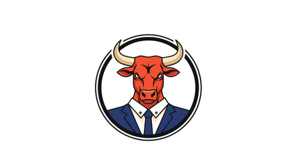 Obraz premium Red bull mascot wearing a professional business suit and tie inside a circular frame representing stock market bull trends.