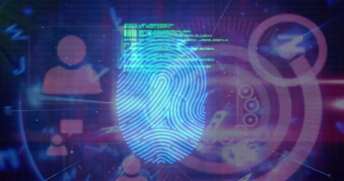 Animation of data processing over fingerprint icon on blue background