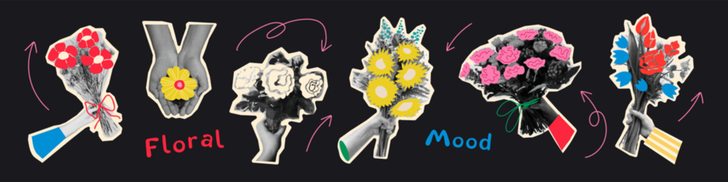 Hands holding flower bouquets collage set. Floral cut out stickers with vintage dot texture. Modern retro grunge mixed media vector illustration for festive events.