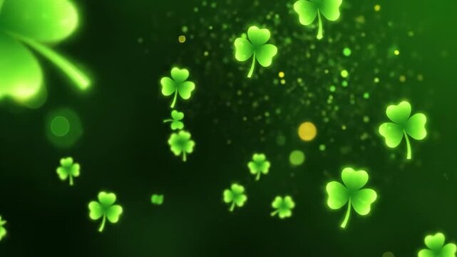 Glowing green shamrocks and bokeh lights background