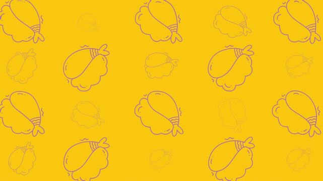 Whimsical shrimp tempura doodles on yellow backdrop. Playful pattern perfect for menu design, food blogs, and culinary projects.