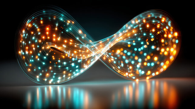 Lorenz attractor rendered as dynamic light trails in a long exposure photography style. Smooth chaotic loops form a butterfly pattern in a dark studio environment, symbolizing chaos theory