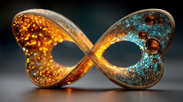 Abstract 3D visualization of the Lorenz strange attractor, featuring a glowing golden and blue butterfly-shaped chaotic curve floating in dark space. Scientific illustration symbolizing chaos theory