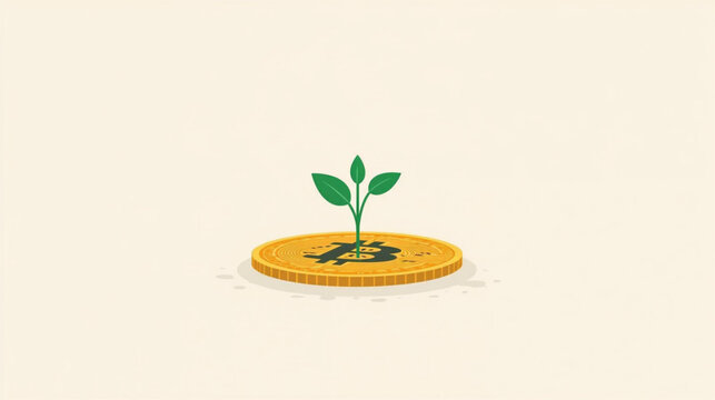 vector illustration of a seedling is growing on a Bitcoin lying on the ground. Bitcoin Investment. Bitcoin Green Growth