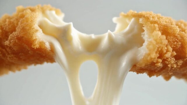 Close-up of mozzarella cheese being pulled apart between two pieces of fried food