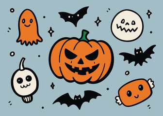 Fototapeta premium Doodle Halloween collection featuring a large carved pumpkin, cute ghosts, flying bats, and skull and candy icons.