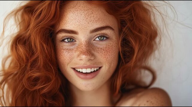 Red-haired girl with freckles smiles at camera against plain background during bright daylight