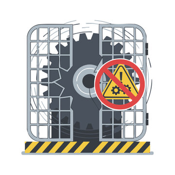 Machine guard safety warning with broken metal mesh